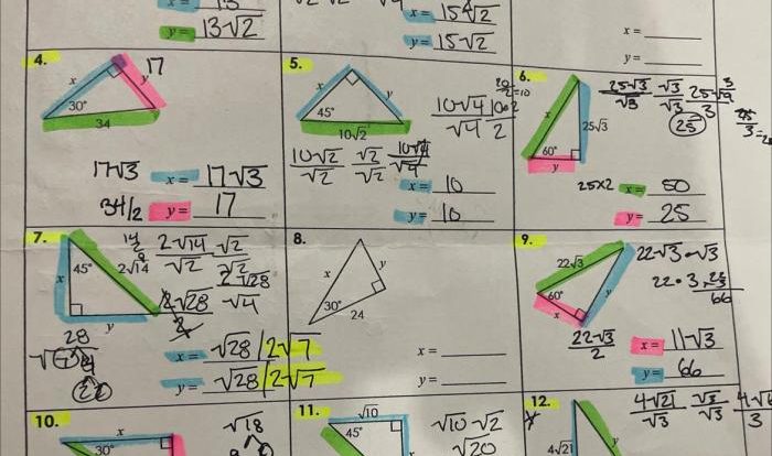 Special right triangles worksheet answer key