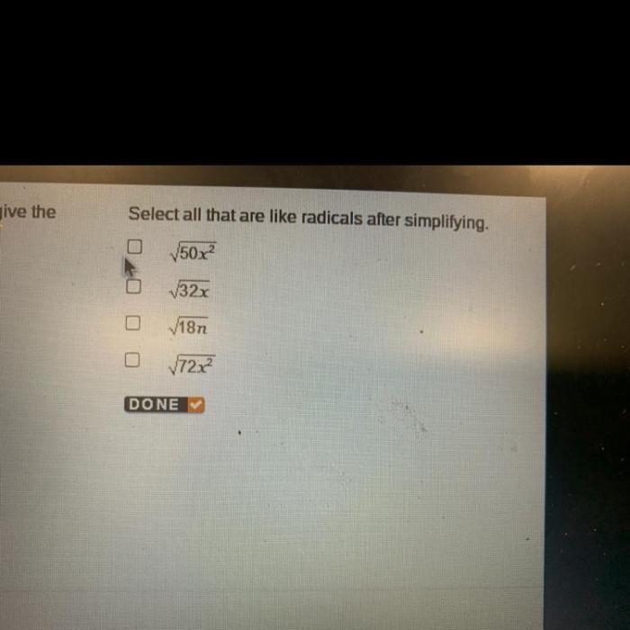 Select all that are like radicals after simplifying.