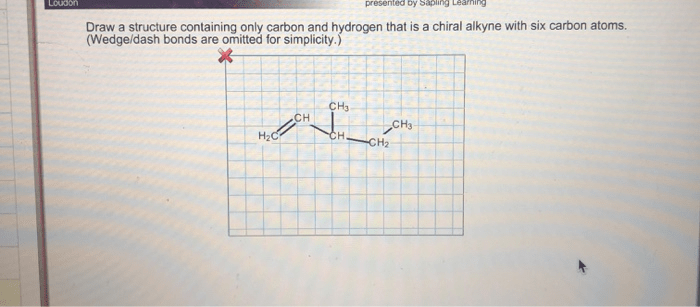 Draw a six carbon alkyne that can exist as diastereomers